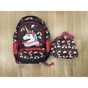 Girl’s Backpack Elementary School Kids Book Bag & Lunch Bag SET of 2 UNICORN EUC